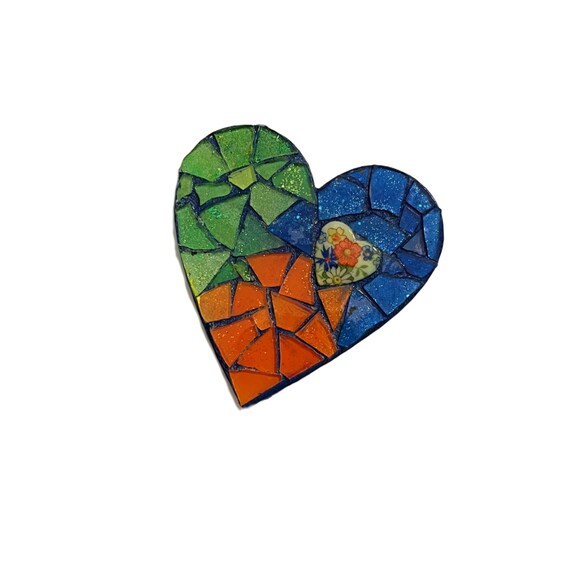 Large Mosaic Heart Magnet, Flower Mosaic Heart Magnet, Orange Blue Green Glitter Heart Mosaic Heart Magnet, Glitter Mosaic Heart Magnet