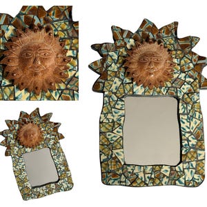 Espejo de mosaico de cerámica con rostro de sol, espejo de pared decorativo hecho a mano
