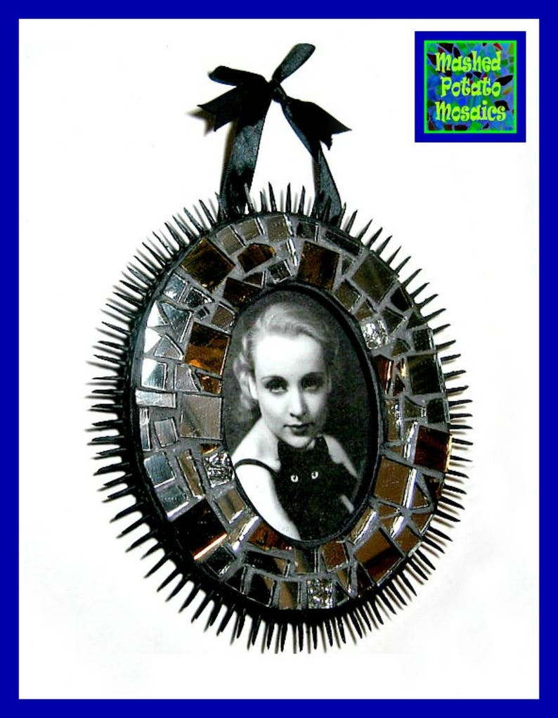 Black Spiked Mosaic Frame Sparkly Mosaic Frame Oval Mosaic Picture Frame Handmade Mosaic Frame Mirror Frame Black Silver Mosaic Frame