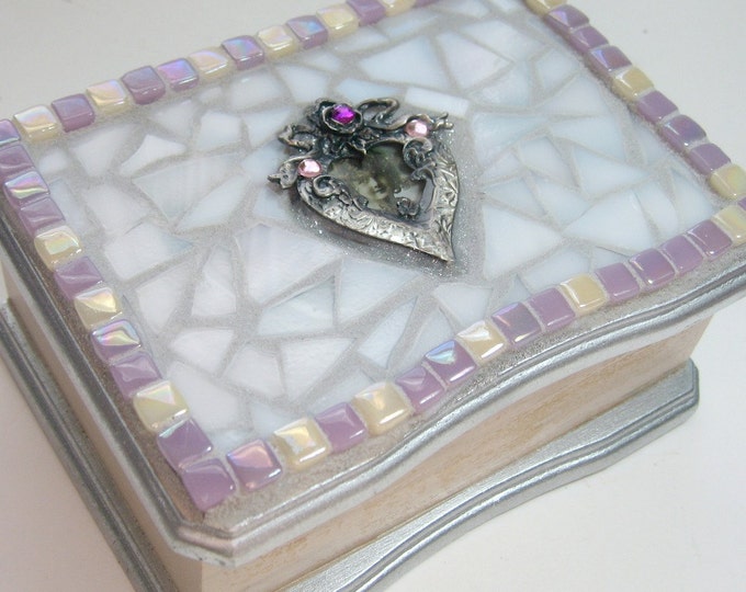 Mosaic Top Jewelry Box, Pink White Mosaic Jewelry Box, Heart Mosaic Jewelry Box, Silver Pink