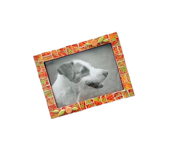 Orange Red Green Mosaic Frame, Flower Mosaic Frame, Red Frame with Hand Painted Red Orange Green Glass, 5x7 Orange Mosaic Frame with Flowers