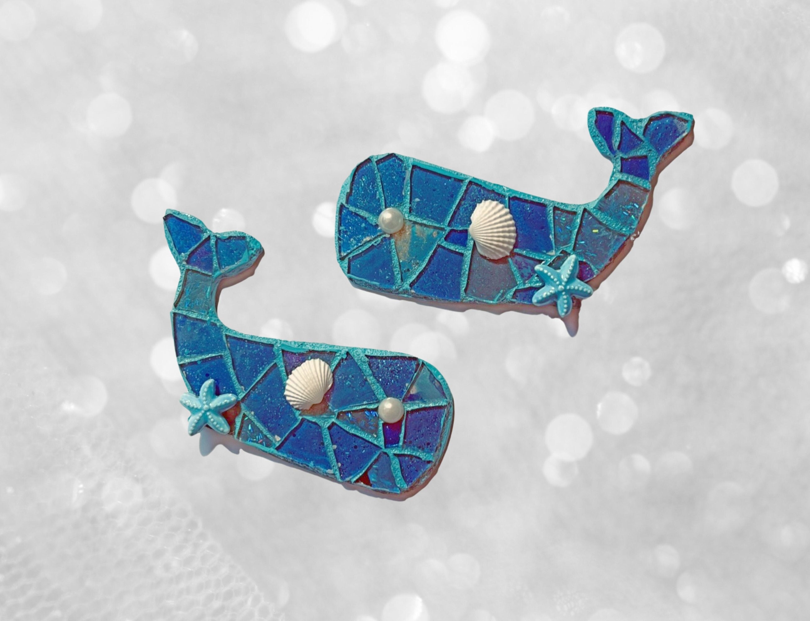 Blue Whales Set, Two Mosaic Whale Blue Whale Mosaic Set of Happy Whale