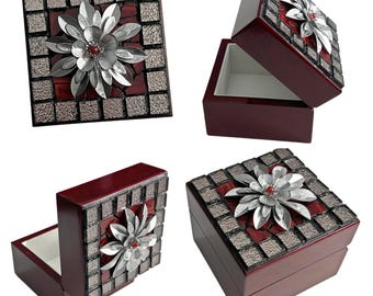 Mosaic Wood Trinket Box, Flower Topped Rosewood Keepsake Jewelry Box