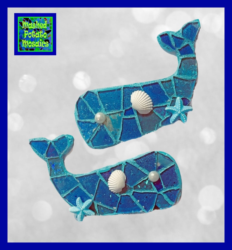 Blue Whales Set, Two Mosaic Whale Blue Whale Mosaic Set of Happy Whale