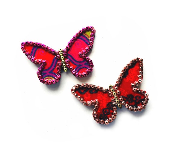 Butterfly Magnet Set,  3D Butterfly Magnets, Two  Butterfly Magnets, Red Butterfly Magnets, Embellished Butterfly Magnets, Two Butterflies