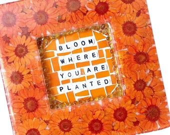 Orange Flower Framed Art, Bloom Where You Are Planted Quote Frame, Orange Mosaic Daisy Flower Frame, Garden Quote Mixed Media Wall Art,