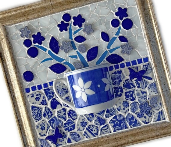 Mosaic Flowers Teacup Art, Blue and White Mosaic Floral Teacup Art, Mixed Media Flowers in Coffee Cup Art, Framed Tea Cup Flowers Art