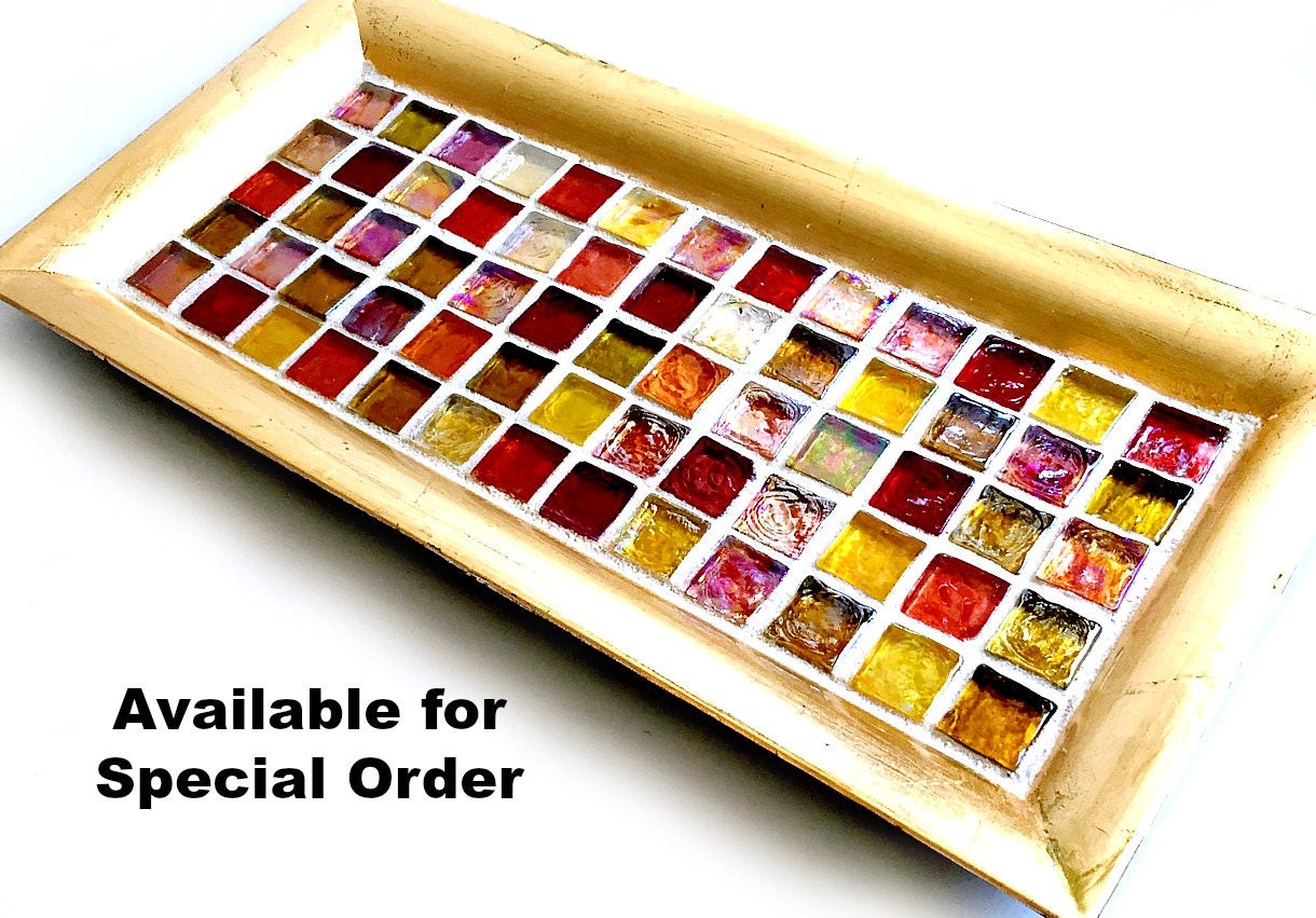 Gold Amber Mosaic Tray Amber Glass Vanity Tray Mosaic Candle Tray Votive Holder Tray Mosaic Candle Stand Dresser Caddy Perfume Caddy