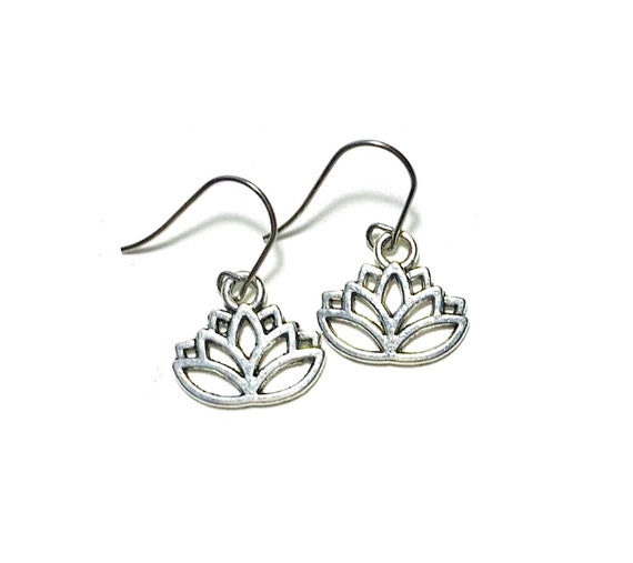 Lotus Flower Earrings, Silvertone Lotus Earrings, Handmade Lotus Earrings, Dangling Pierced Lotus Flower Earrings, Pierced Lotus Earrings