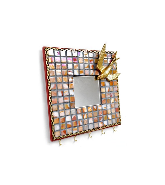 Mosaic Bird Mirror with Hooks, Mosaic Mirror Hooks, Coral Apricot Glass Tile Mirror, Glam Mosaic Bird Mirror, Gold Bird Mirror Wall Hooks
