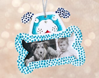 SALE Hanging Frame Christmas Ornament, Dog Frame Ornament, Hanging Dog and Bone Frame, Blue Dog Ornament, Dog Lover Frame Ornament