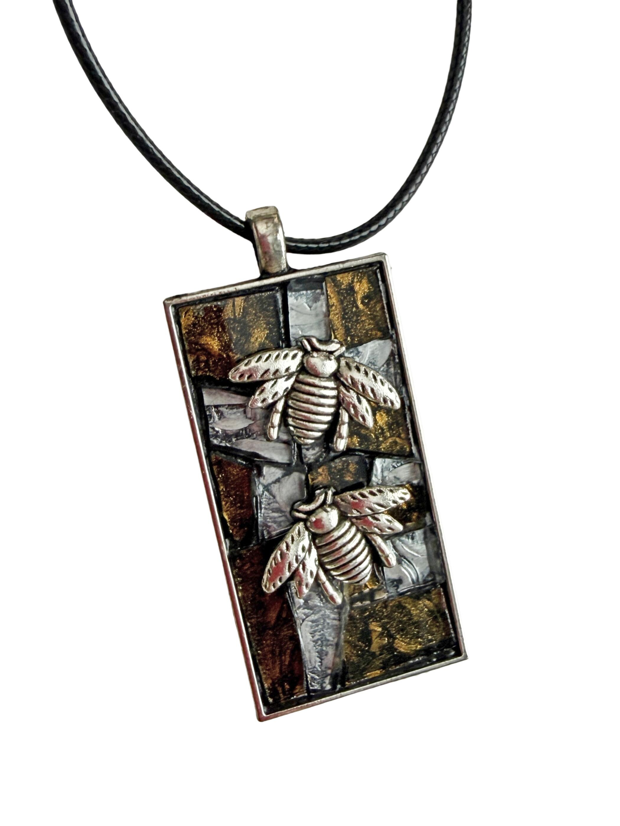 Mosaic Bee Pendant Necklace, Silver Plate Metal Base, Handcut