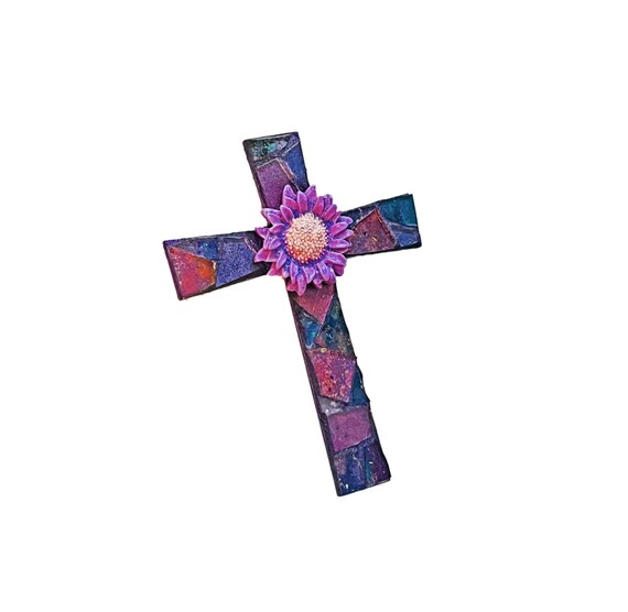 Mosaic Cross Magnet/Ornament, Mosaic Cross with Flower, Purple Flower Mosaic Cross Magnet, Handmade Mosaic Purple Cross Magnet or Ornament