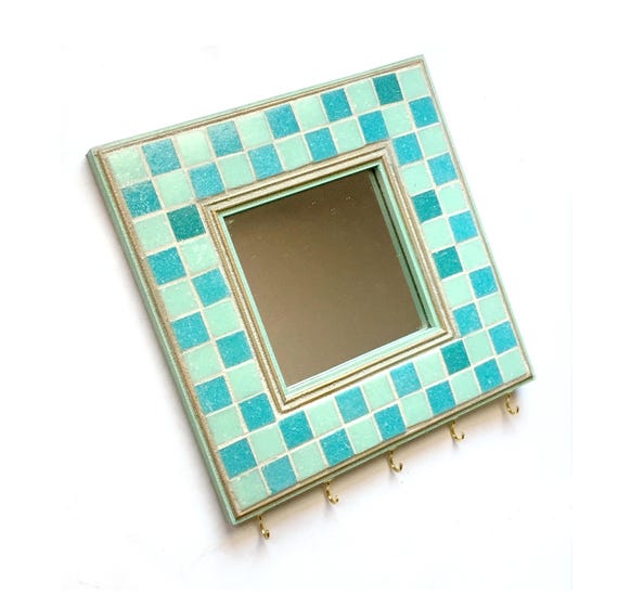 Mosaic Key Rack Mirror Keeper Aqua Blue Holder Organizer