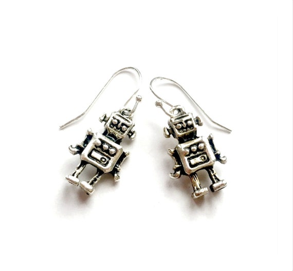Silver ROBOT Earrings, Pierced Silver Robot Earrings, Handmade Robot Earrings, Dangle Robot Earrings, Silver Wire Robot Earrings