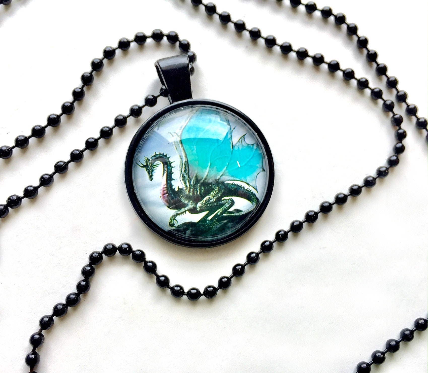 Dragon Necklace, Turquoise Black Dragon Pendant, 25mm Black Dragon Pendant  on 24 Black Chain, Dragon Necklace, Game of Thrones Pendant