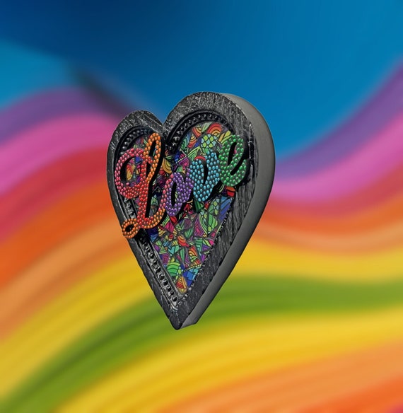 LOVE Heart Mosaic Plaque, Heart Shaped Rainbow Framed Love Plaque, Framed rainbow Print Mosaic Heart Wall Hanging, LOVE Art Heart Plaque