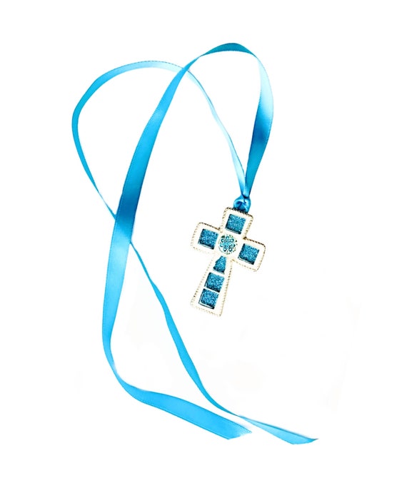 Mosaic Cross Pendant, Blue Glitter Cross Pendant, Blue Cross Pendant on Satin Ribbon, Blue Glass Mosaic Cross Pendant w/Venetian Glass Bead