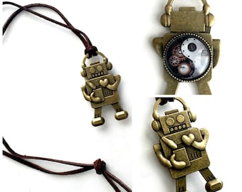 Reversible Robot Pendant, Bronze Robot with Leather Strap, Yin Yang Robot Pendant Necklace,Steampunk Robot Pendant on Leather Neck Strapping