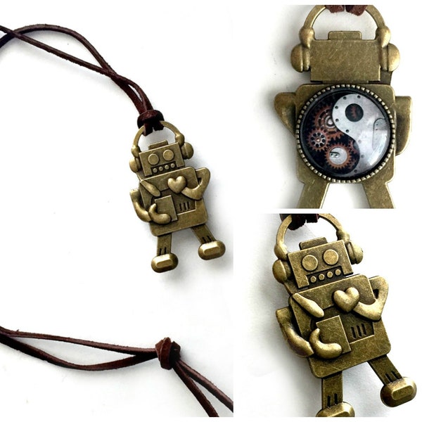 Pendentif robot réversible, robot en bronze avec bracelet en cuir, collier pendentif robot Yin Yang, pendentif robot steampunk sur cerclage de cou en cuir