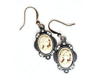 Bronze Cameo Earrings, Pierced Antique Bronze Cameo Earrings, Handmade Cameo Earrings, Dangling Bronze Cameo Earrings with Rhinestones