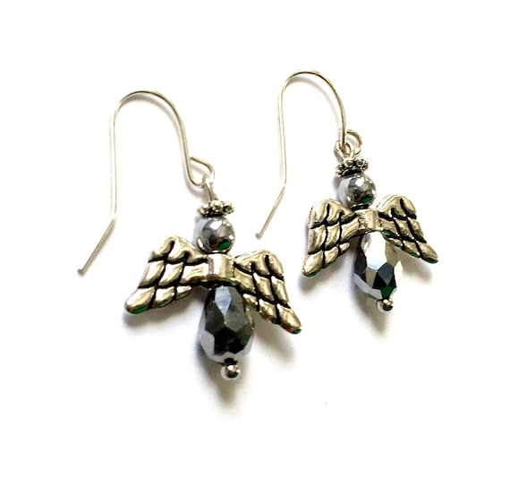 SALE Angel Earrings, Faceted Hermatite Angel Earrings, Silvertone Angel Earrings, Dangling Pierced Angel Earrings, Crystal Angel Earrings