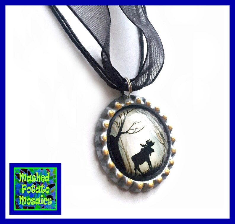 Moose Organza Ribbon Bottle Cap Pendant Maine Moose Choker Necklace Moose Choker Necklace Black Brown Moose in the Woods Pendant