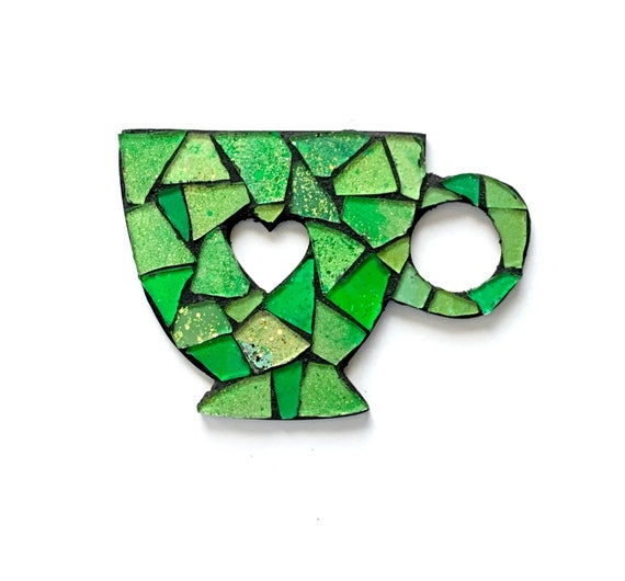 Green Tea Cup Magnet, Mosaic Green Tea Cup Magnet, Glitter Green Coffee Cup Magnet, Green Glitter Glass Teacup Coffee Cup Shaped Magnet