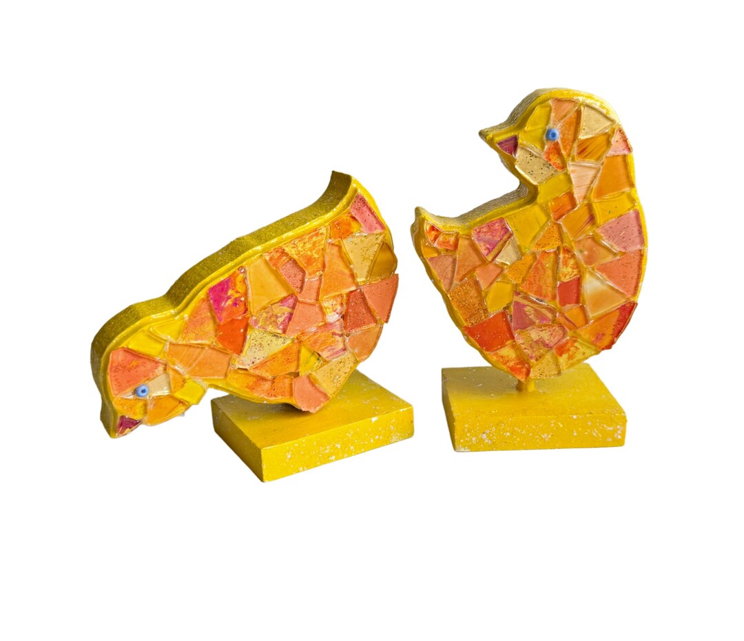 Set of 2 Mosaic Chicks, Easter Chick Decor Set, Yellow Baby Chick Set ...