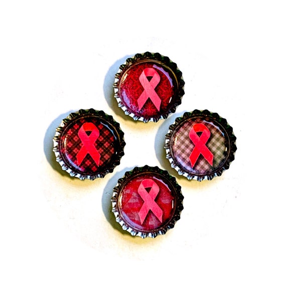 Pink Ribbon Bottle Top Magnet Set, FOUR Pink Ribbon Refrigerator Magnets, Breast Cancer Awareness Magnet Set, 4 Pink Ribbon Magnets