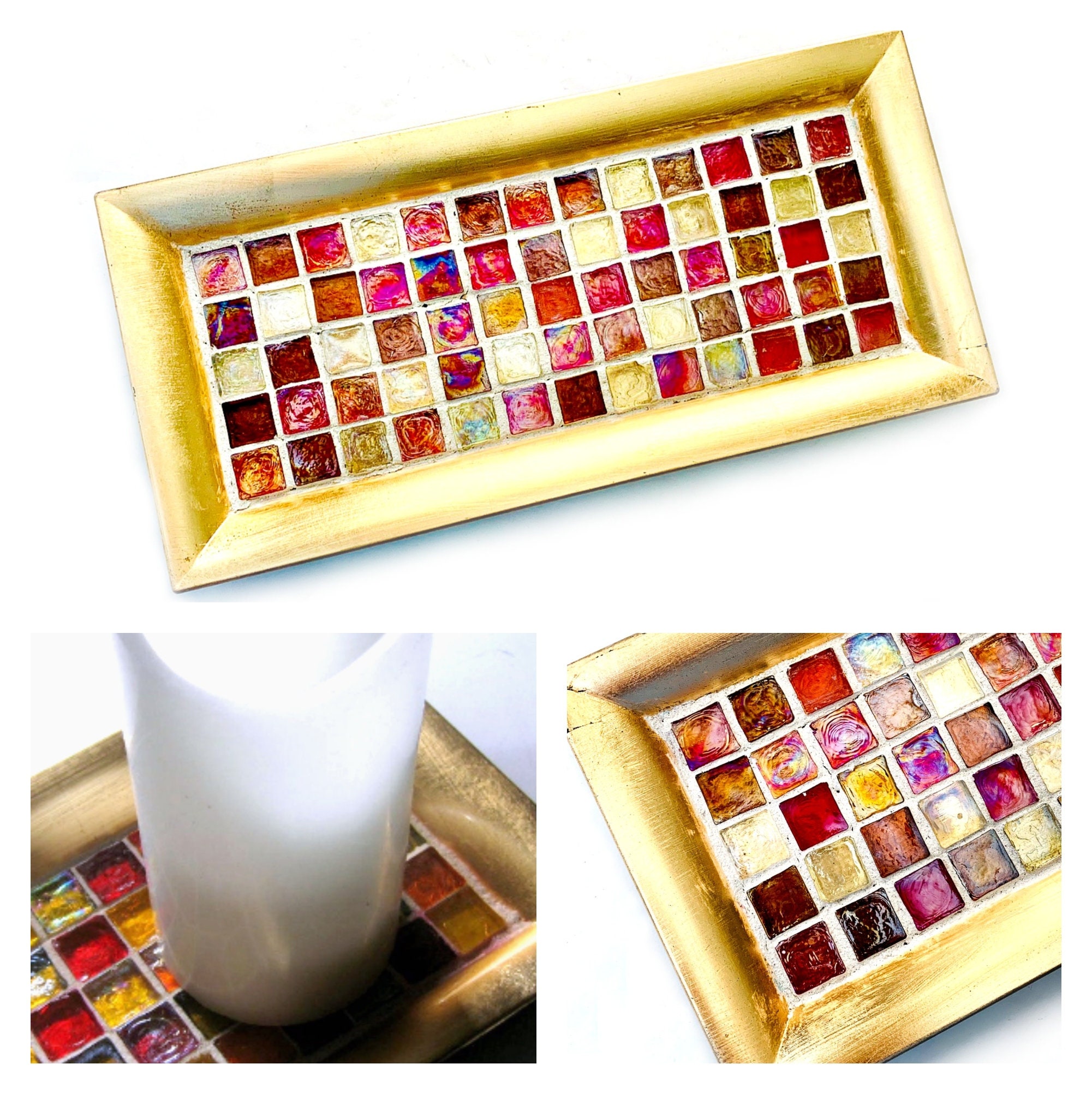 Gold Amber Mosaic Tray Amber Glass Vanity Tray Mosaic Candle Etsy