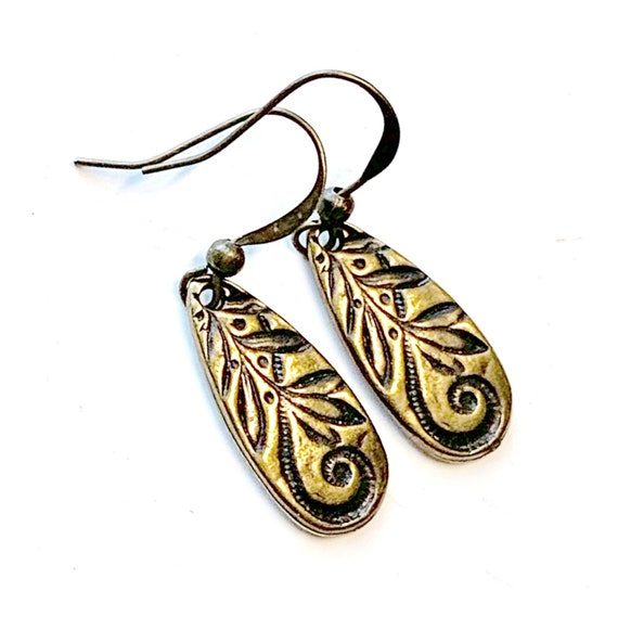Bronze Brass Drop Leaf Earrings, Pierced Antique Bronze Leaf Earrings, Handmade Leaf Swirl Earrings, Dangling Bronze Swirling Leaf Earrings