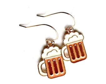 Beer Mug Earrings, Beer Lover Earrings, Handmade Beer Stein Earrings, Dangling Enamel Beer Mug Earrings on Gold Over Sterling Silver Wire