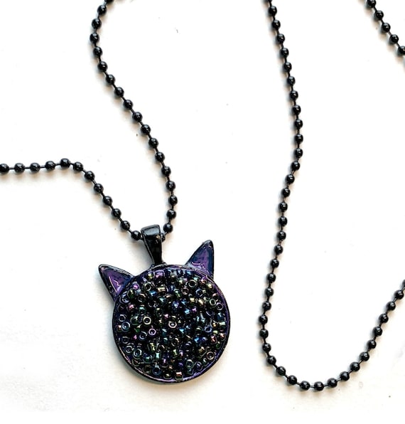 Cat Pendant Necklace, CAT Pendant, 25mm Black Purple Cat Pendant on 24" Black Chain, Cat Shaped Necklace, Black Cat Embelished Pendant