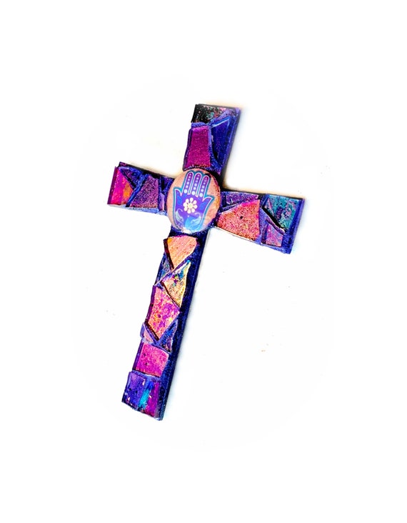 Mosaic Cross Magnet, Mosaic Hamsa Cross Magnet, Purple Mosaic Hamsa Protection Cross Magnet, Handmade Mosaic Purple Hamsa Hand Cross Magnet