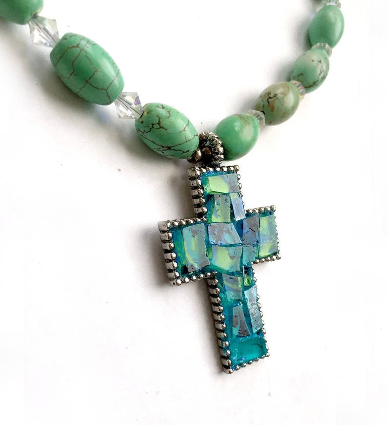 Mosaic Cross Pendant with Beaded Choker Turquoise Aqua Mosaic | Etsy
