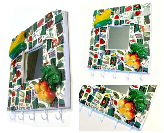 SALE Mosaic Farm Theme Hooks and Mirror, Mosaic Kitchen Towel Pot Holder Rack, Mosaic Pot Holder, Farm House Garden Hooks Mirror Hanging