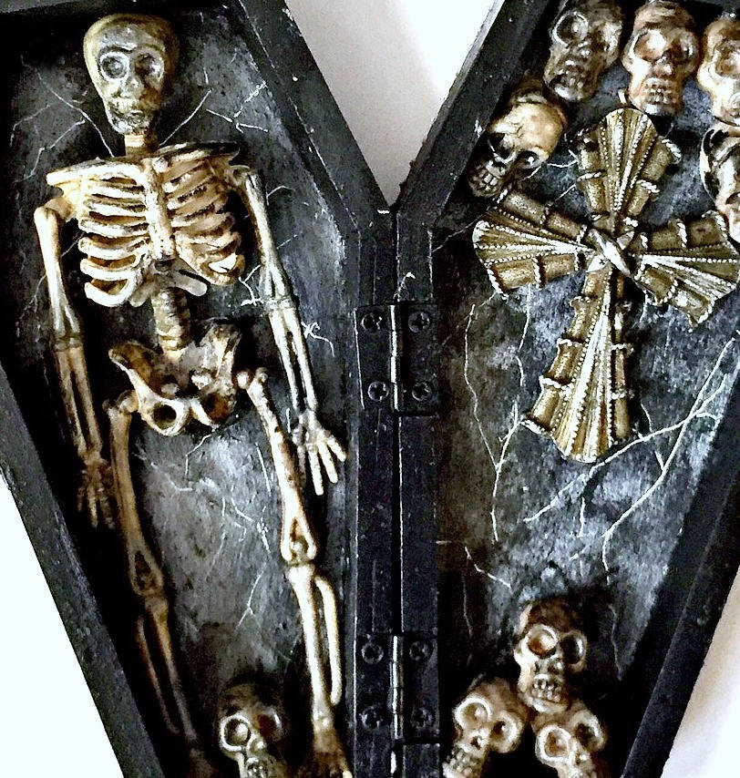Skeleton Decor, Black and Silver Coffin, Skeleton Halloween Decor