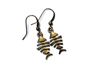 Bronze Brass Fishbone Earrings, Pierced Antique Bronze Fish Earrings, Handmade Fish Bone Earrings, Dangling Bronze Fish Bone Earrings