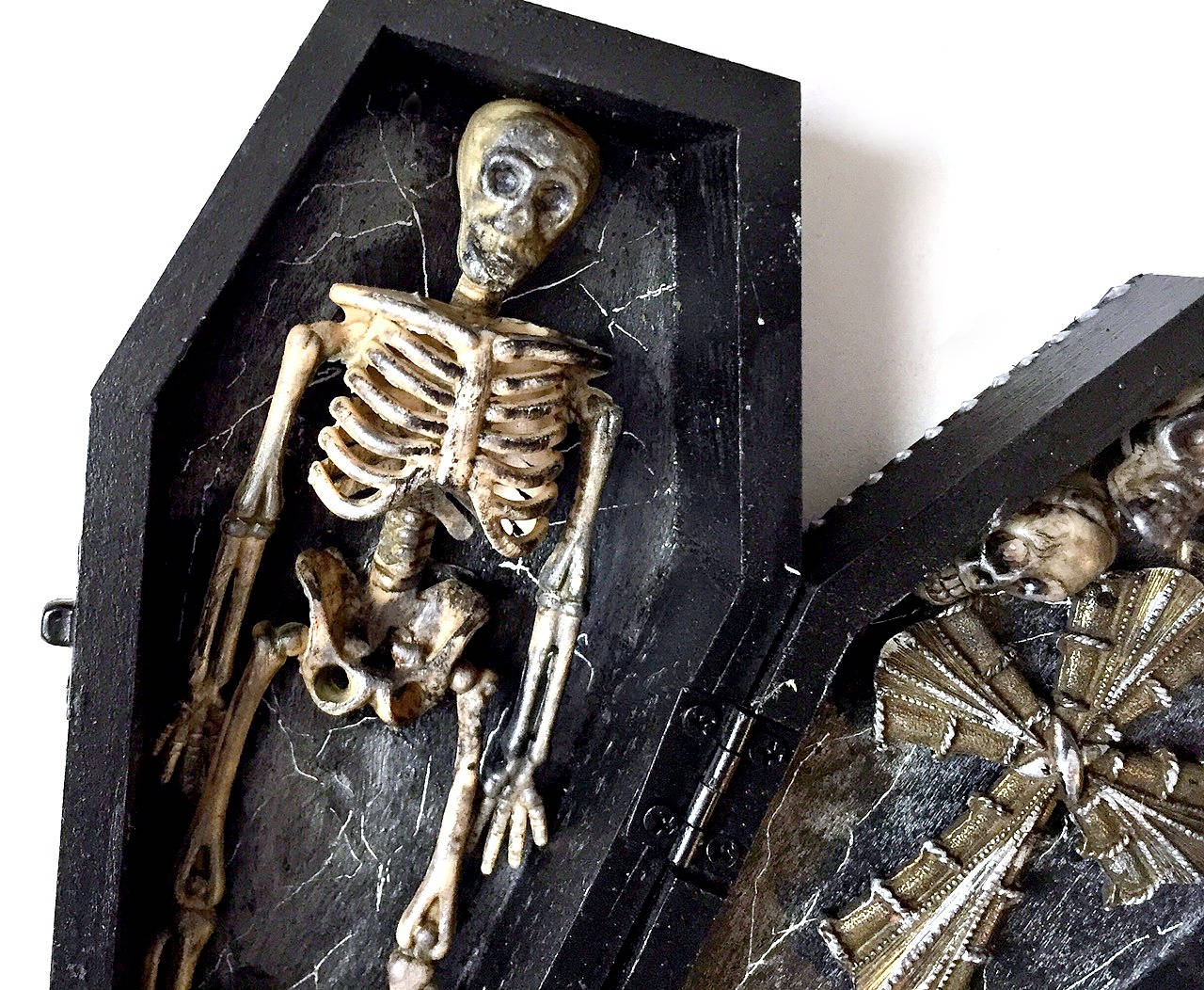 Skeleton Decor, Black and Silver Coffin, Skeleton Halloween Decor