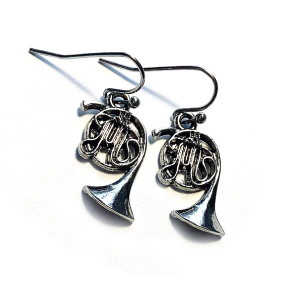 French Horn Earrings, Silvertone French Horn Earrings, Pierced French Horn Earrings, Dangling French Horn Music Earrings, French Horn Gift