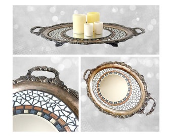 Vintage Mosaic Tray, Mosaic Embellished Vintage Silverplate Tray, Repurposed Mosaic Tray, Mosaic Candle Stand, Mosaic Tray Centerpiece