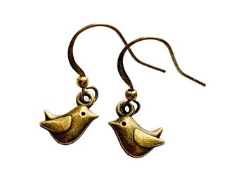 Bronze Brass Bird Earrings, Pierced Antique Bronze Bird Earrings, Handmade Bird Earrings, Dangling Bronze Bird Earrings, Tiny Bird Earrings