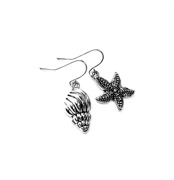 Starfish Shell Earrings, Silvertone Sea Life Earrings, Handmade Sea Star and Shell Earrings, Dangling Pierced Ocean Sea Life Earrings