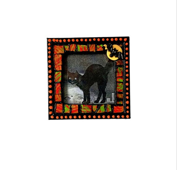 Halloween Bat Mosaic Frame, Halloween Mosaic Frame, Square Mosaic Frame, Mosaic Frame with Full Moon Bat, 3x3 Photo Frame