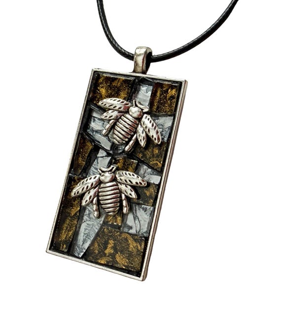 Mosaic Bee Pendant Necklace, Silver Plate Metal Base, Handcut