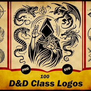 100 logos de classe D&D - Images SVG et PNG, cliparts vectoriels, symboles D&D, emblèmes, symboles de classe, barbare, sorcier, barde, paladin, ...