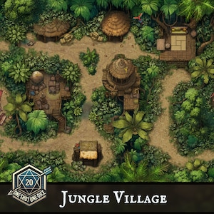 Groot jungledorp, 70 x 40, (DnD-gevechtskaart, strijdkaart, Dungeons and Dragons, 5e, Roll20, Fantasy Grounds, Foundry, VTT, digitale kaart)