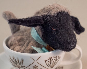 Needle Felted Animal, Lamb in Teacup, 0032