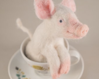 Needle Felted Animal, Piglet in Teacup, Portfolio Piece
